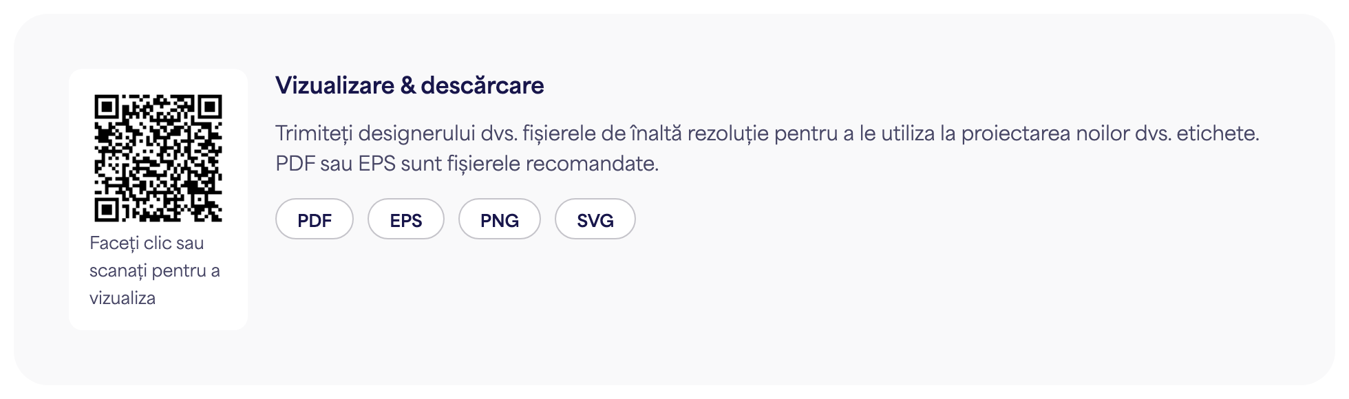 Secțiunea Cod QR pe o pagină de etichetă electronică cu butoanele de descărcare PDF, EPS, PNG și SVG