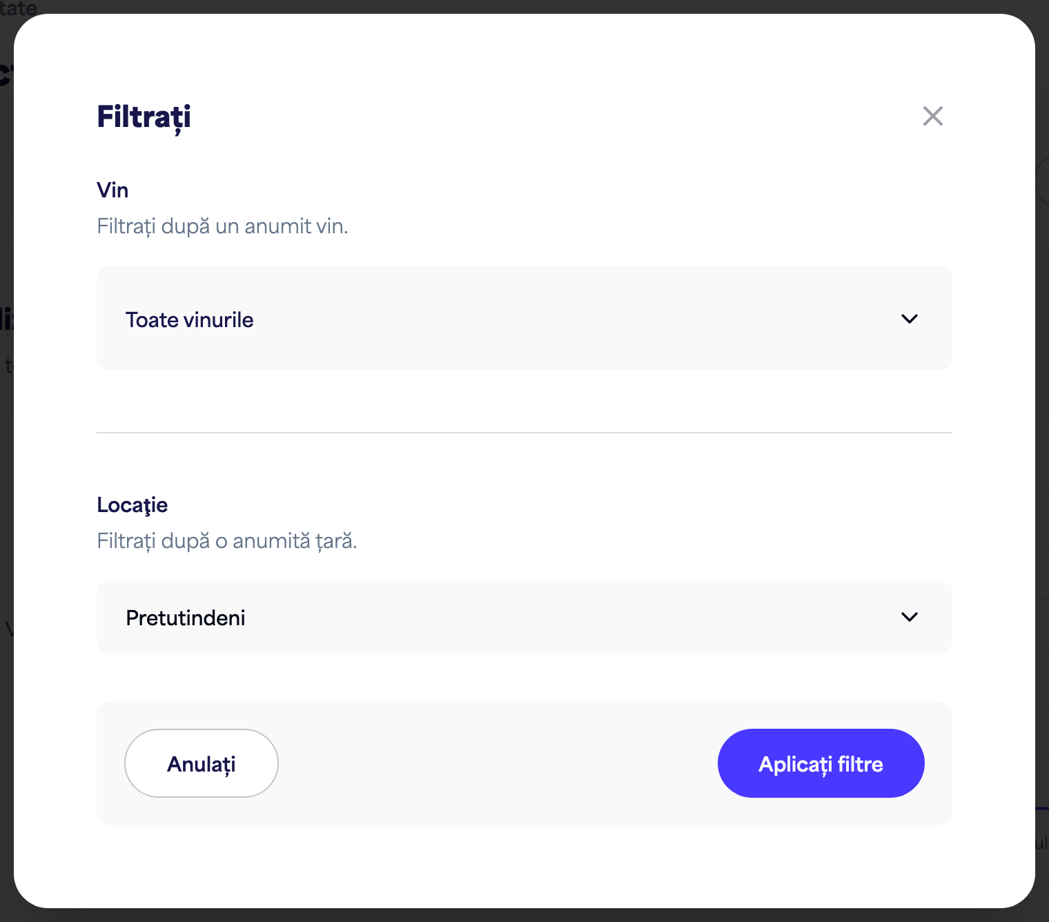 Panoul de filtrare Insights (timp, vin, locație)