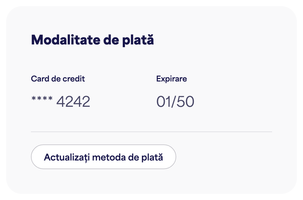 Cardul Metodei de plată care arată cardul salvat și „Actualizează metoda de plată”