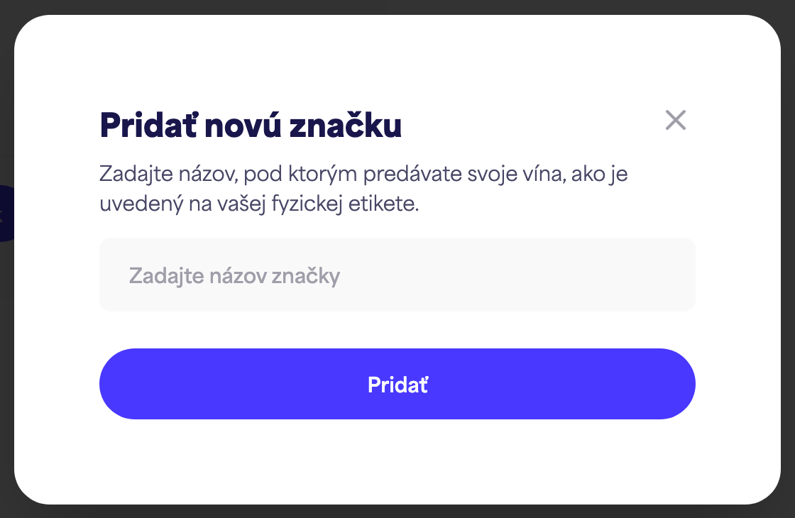 Dialógové okno „Pridať novú značku“ s poľom pre názov značky a tlačidlom „Pridať“