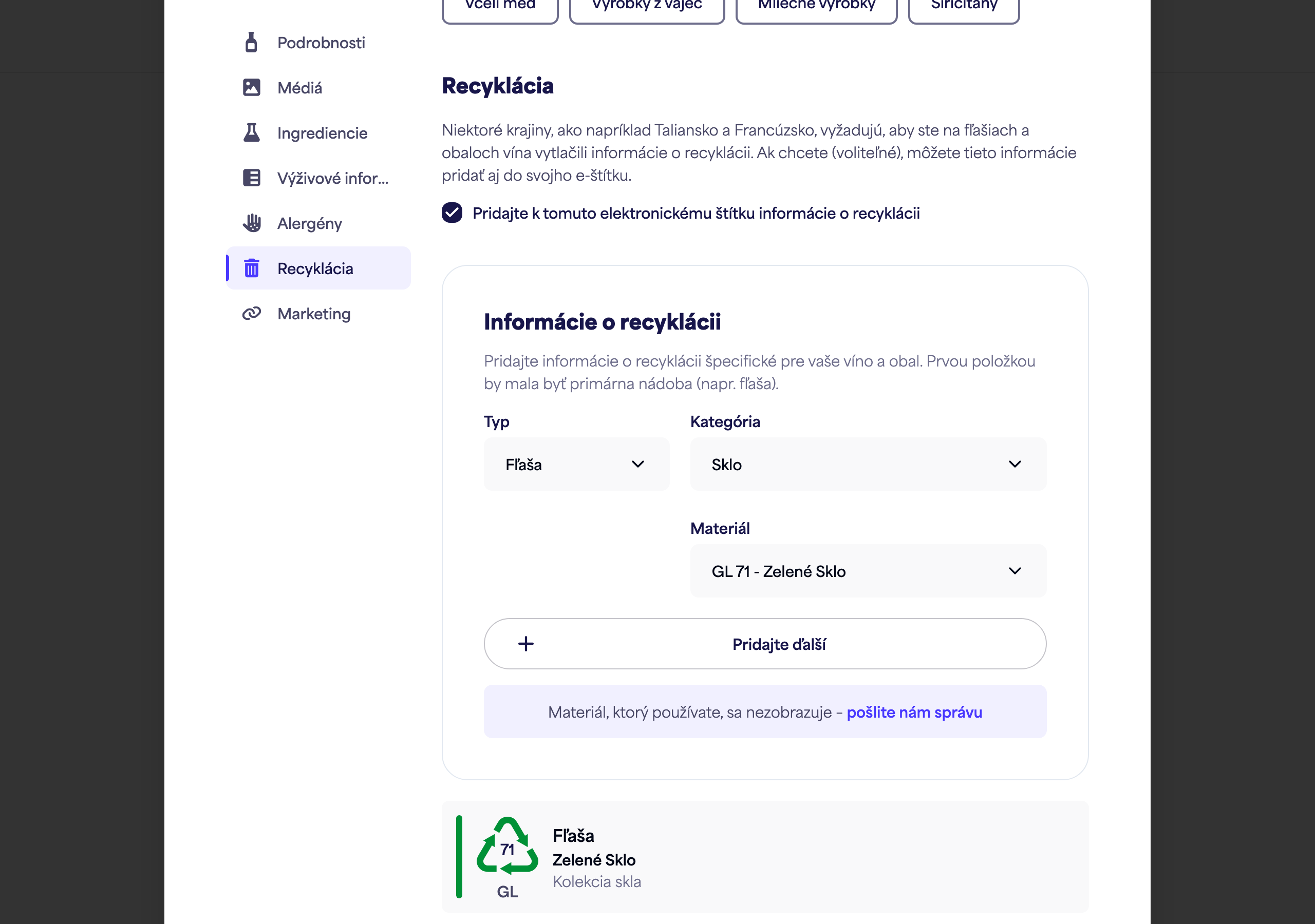 Prepínač sekcie Recyklácia a vysvetlenie