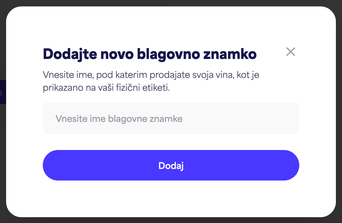 Pogovorno okno "Dodaj novo blagovno znamko" s poljem za ime blagovne znamke in gumbom "Dodaj"