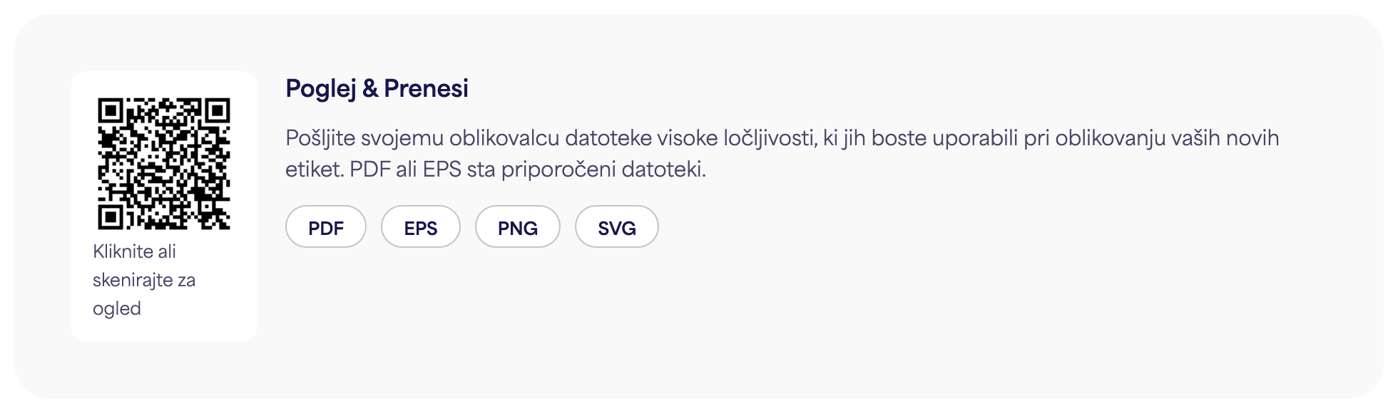 Razdelek QR koda na strani e-oznake z gumbi za prenos PDF, EPS, PNG in SVG
