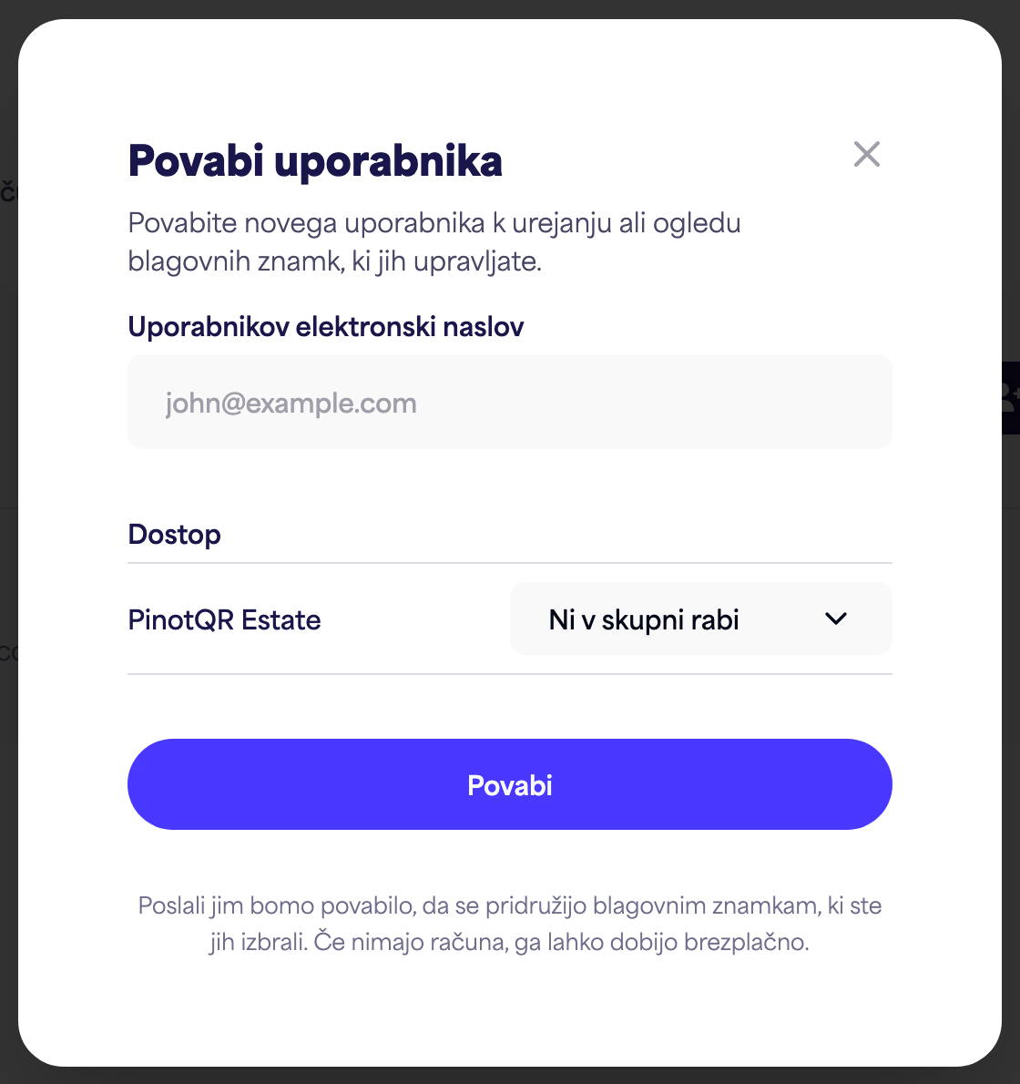 Pogovorno okno "Povabi uporabnika" s poljem za e-pošto in možnostmi dostopa za posamezne blagovne znamke