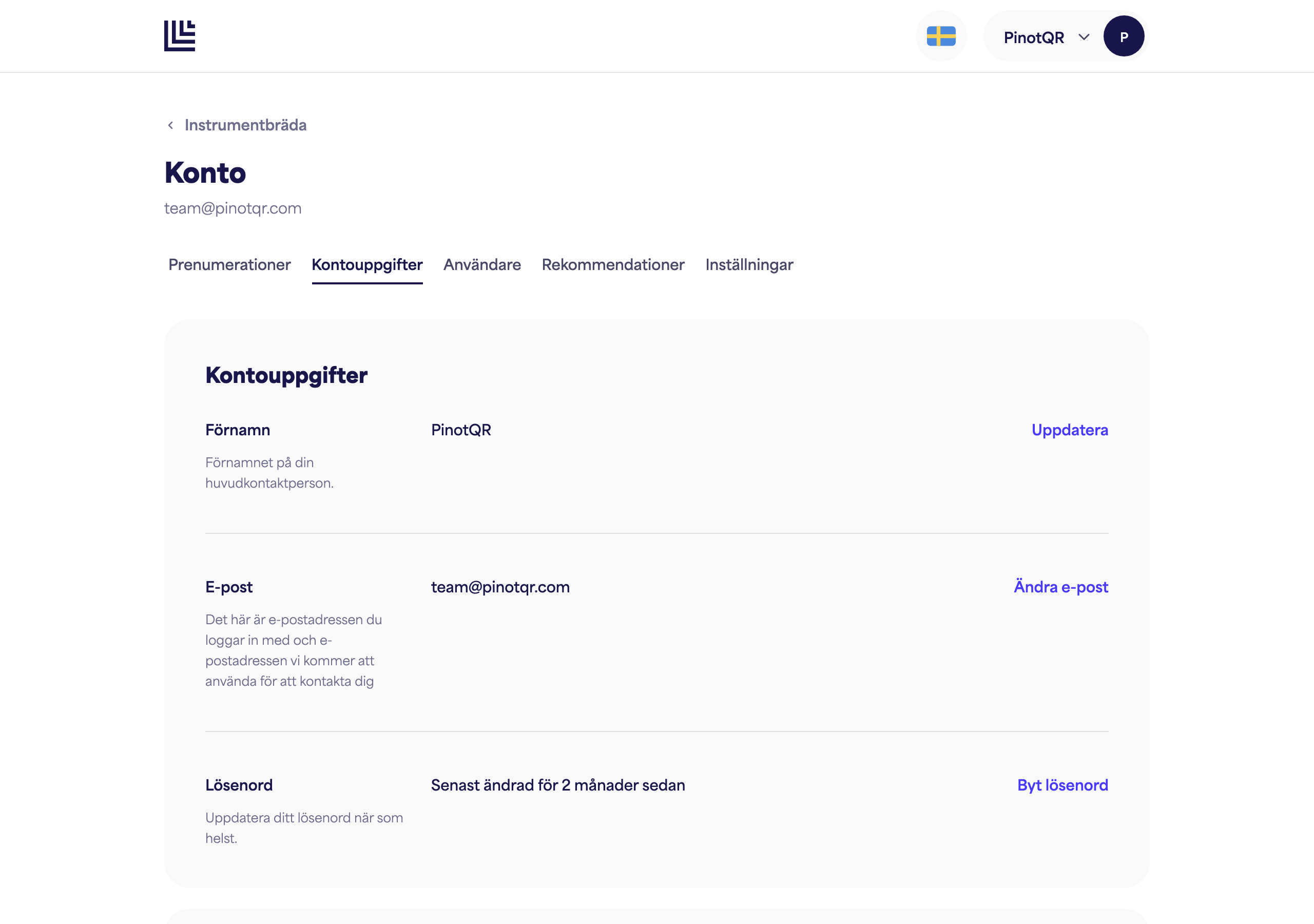 Sidan Kontoinformation med fältet för Förnamn